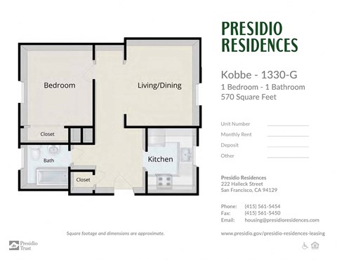 Floor plan for 1 bed, 1 bath, 570 sqft